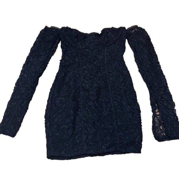 PRETTYLITTLETHING Black Lace Bardot Long Split Sleeve Bodycon Dress Womens Sz 0 - Picture 2 of 6